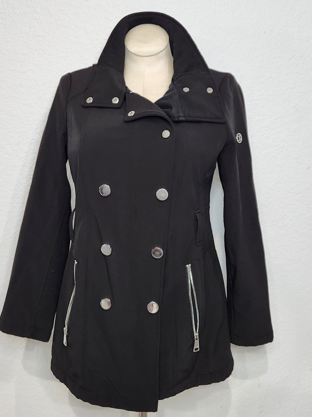 Calvin Klein Black Double-Breasted Pea Coat with Zipper Pockets